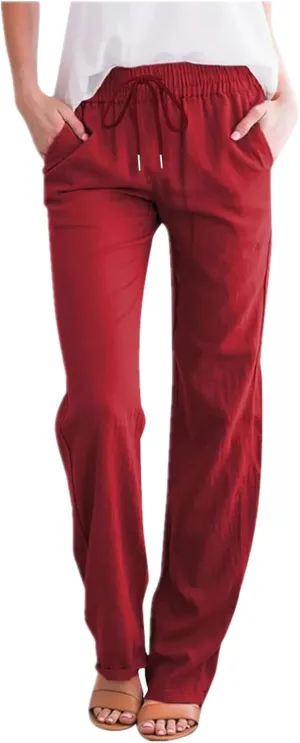 Women's Casual Linen Pants Drawstring High Waist Pants Loose Straight Leg Pants Casual Work Pants Trousers with Pocket