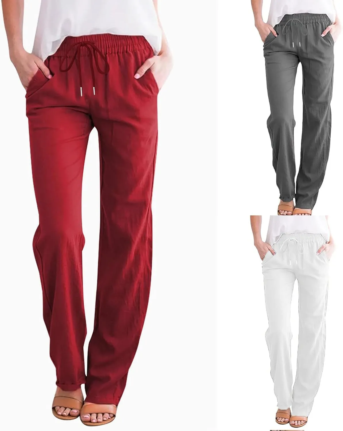 Women's Casual Linen Pants Drawstring High Waist Pants Loose Straight Leg Pants Casual Work Pants Trousers with Pocket