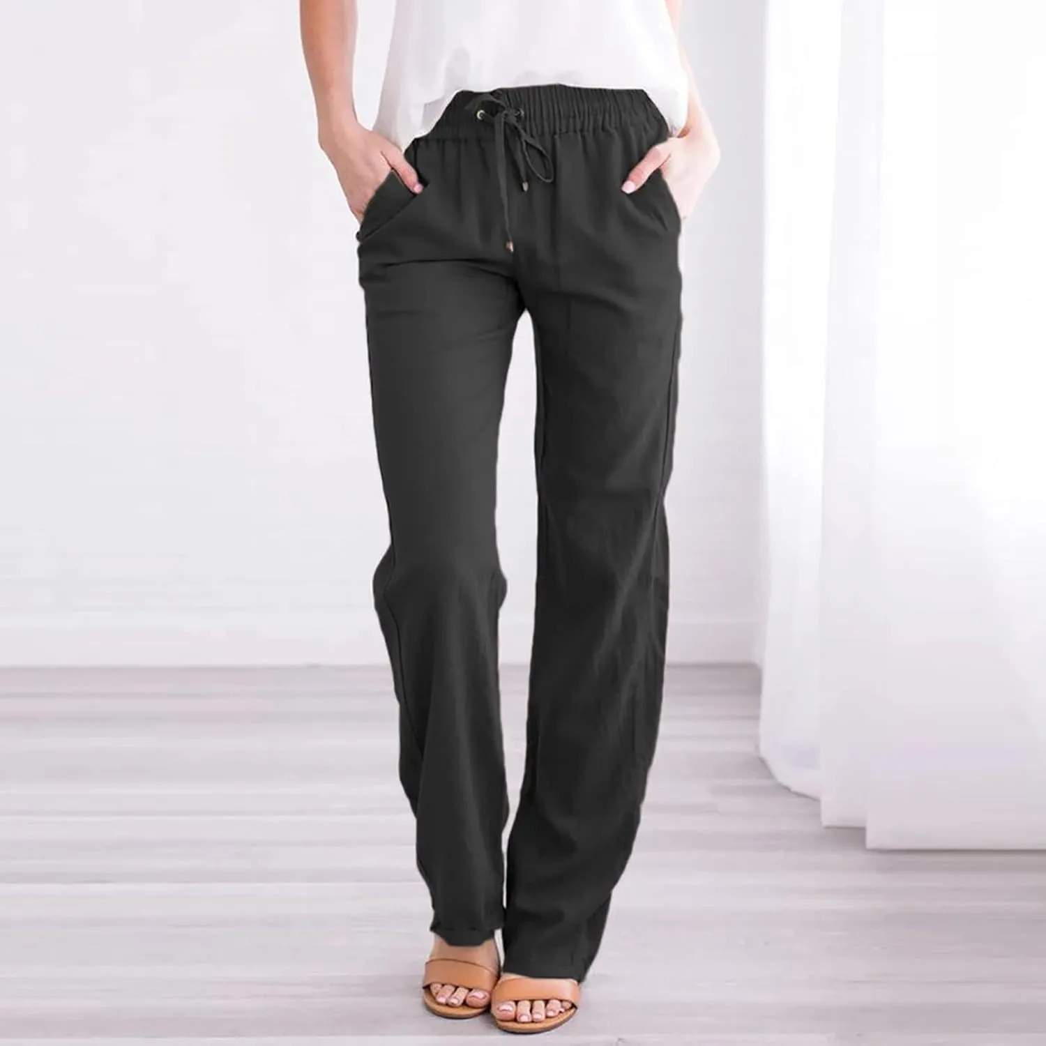 Women's Casual Linen Pants Drawstring High Waist Pants Loose Straight Leg Pants Casual Work Pants Trousers with Pocket