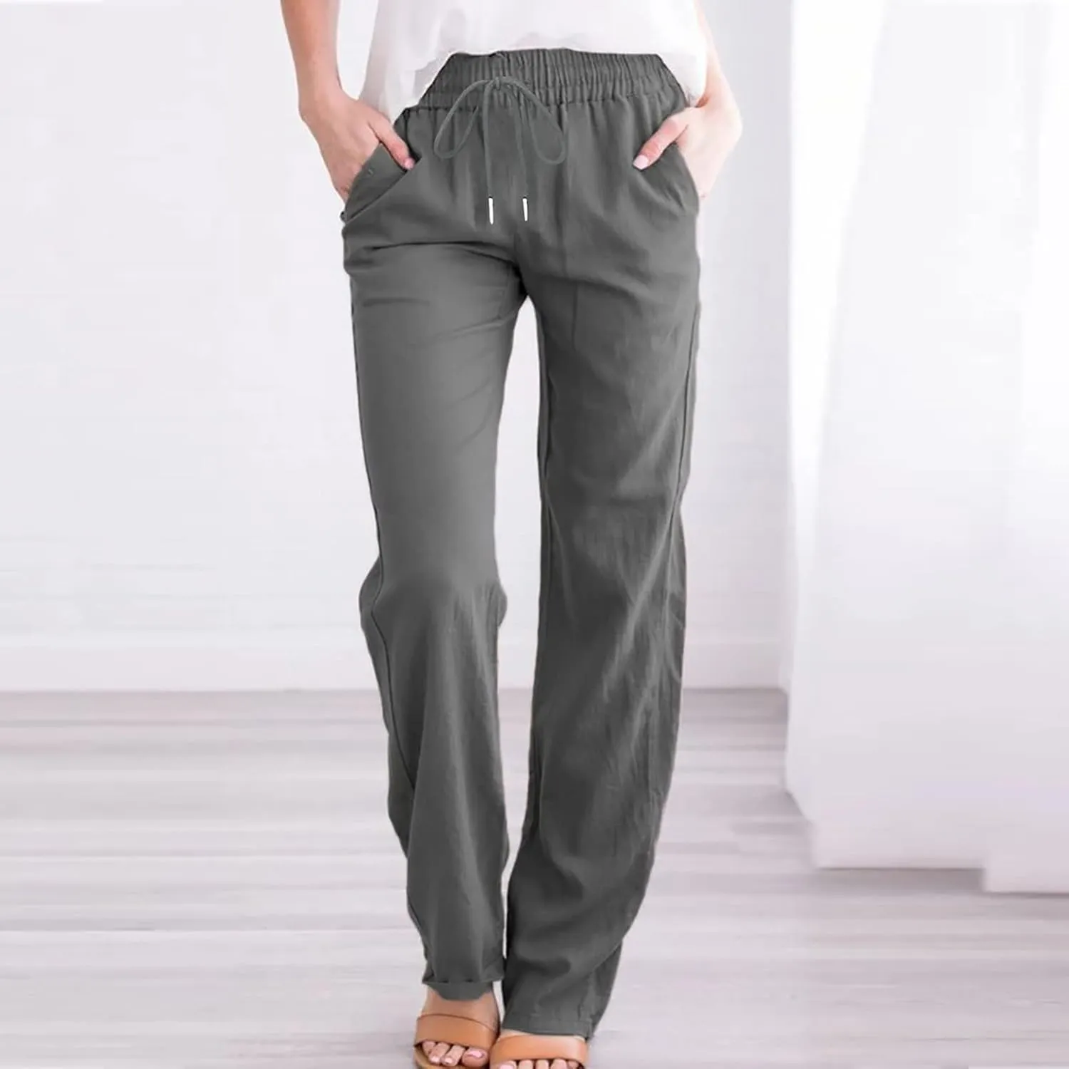 Women's Casual Linen Pants Drawstring High Waist Pants Loose Straight Leg Pants Casual Work Pants Trousers with Pocket