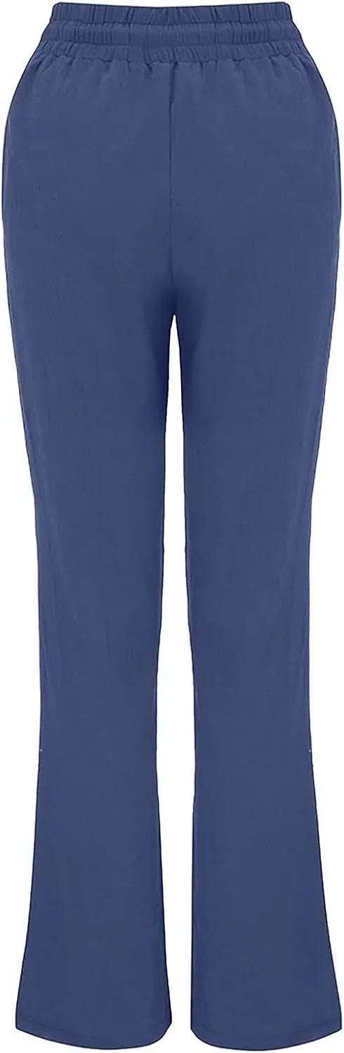 Women's Casual Linen Pants Drawstring High Waist Pants Loose Straight Leg Pants Casual Work Pants Trousers with Pocket
