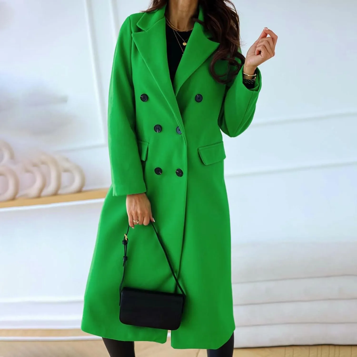 Women's Casual Thicken Wool Blend Lapel Long Sleeve Double Breasted Pea Coat Solid Color Slim Fit Winter Long Coat
