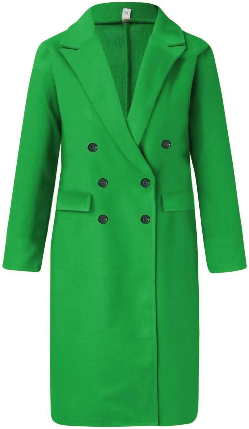 Women's Casual Thicken Wool Blend Lapel Long Sleeve Double Breasted Pea Coat Solid Color Slim Fit Winter Long Coat