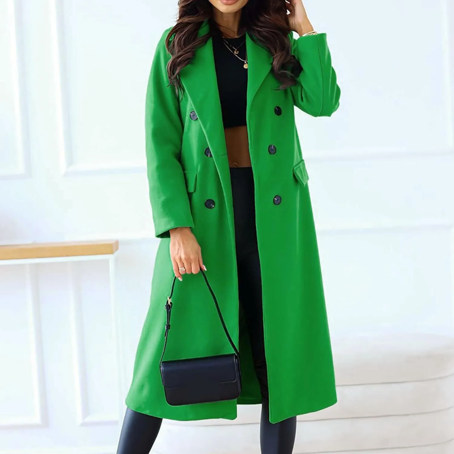 Women's Casual Thicken Wool Blend Lapel Long Sleeve Double Breasted Pea Coat Solid Color Slim Fit Winter Long Coat