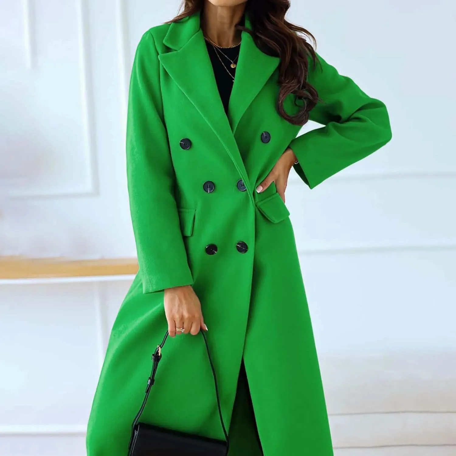 Women's Casual Thicken Wool Blend Lapel Long Sleeve Double Breasted Pea Coat Solid Color Slim Fit Winter Long Coat