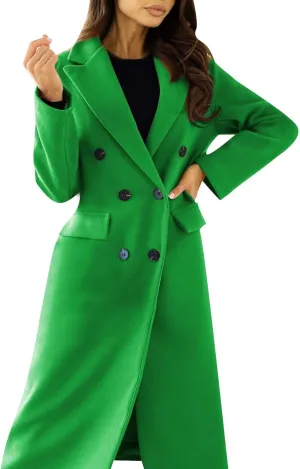 Women's Casual Thicken Wool Blend Lapel Long Sleeve Double Breasted Pea Coat Solid Color Slim Fit Winter Long Coat