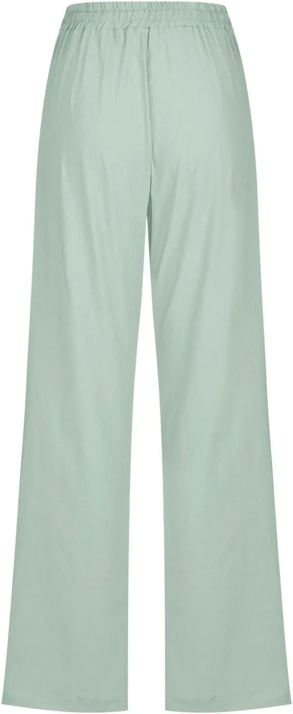 Women's Casual Wide Leg Pants Casual Straight Leg Casual Elastic High Waist Pants Breathable Trousers with Pockets