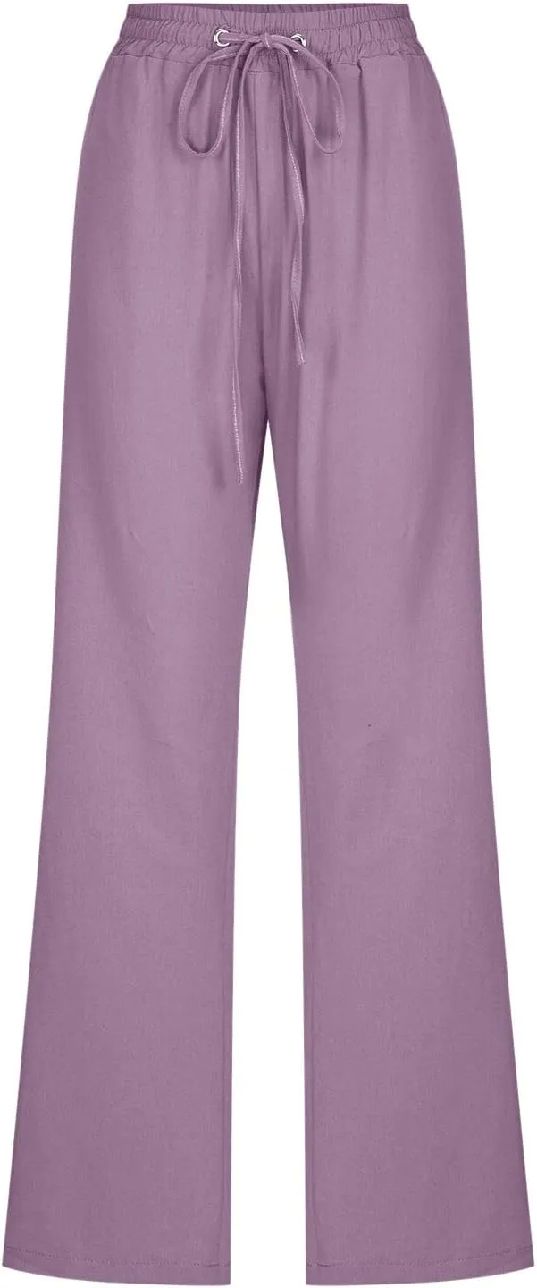 Women's Casual Wide Leg Pants Casual Straight Leg Casual Elastic High Waist Pants Breathable Trousers with Pockets