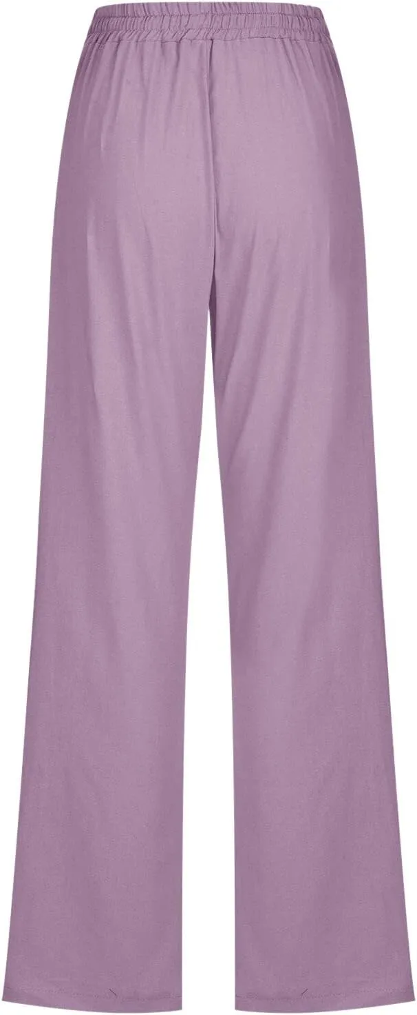 Women's Casual Wide Leg Pants Casual Straight Leg Casual Elastic High Waist Pants Breathable Trousers with Pockets