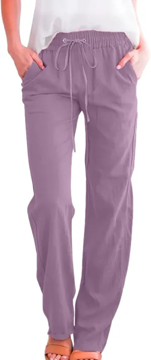 Women's Casual Wide Leg Pants Casual Straight Leg Casual Elastic High Waist Pants Breathable Trousers with Pockets
