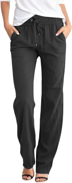 Women's Casual Wide Leg Pants Casual Straight Leg Casual Elastic High Waist Pants Breathable Trousers with Pockets