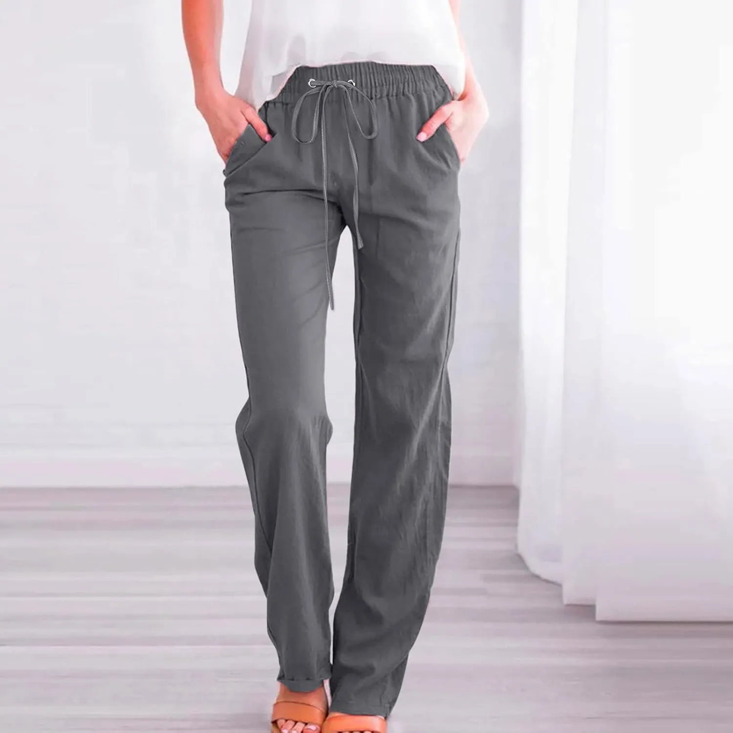 Women's Casual Wide Leg Pants Casual Straight Leg Casual Elastic High Waist Pants Breathable Trousers with Pockets