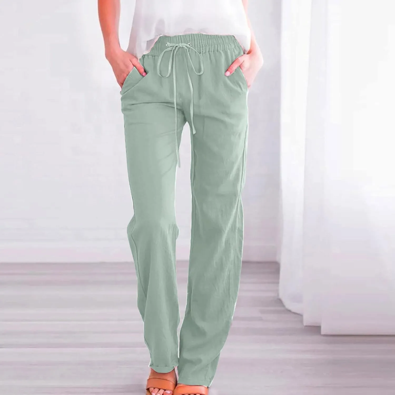Women's Casual Wide Leg Pants Casual Straight Leg Casual Elastic High Waist Pants Breathable Trousers with Pockets