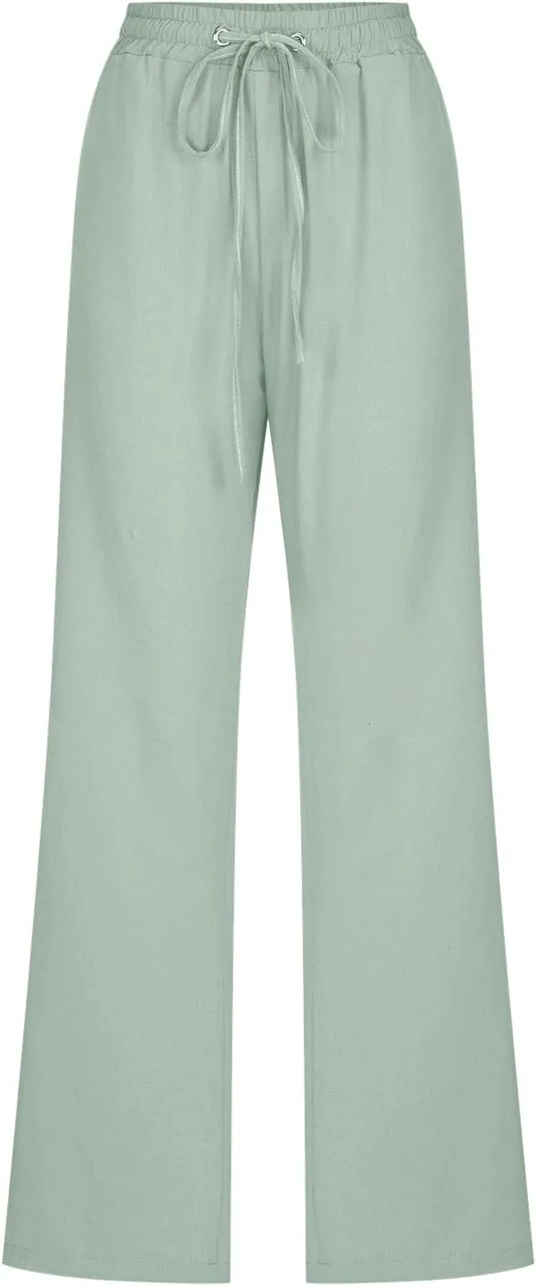 Women's Casual Wide Leg Pants Casual Straight Leg Casual Elastic High Waist Pants Breathable Trousers with Pockets