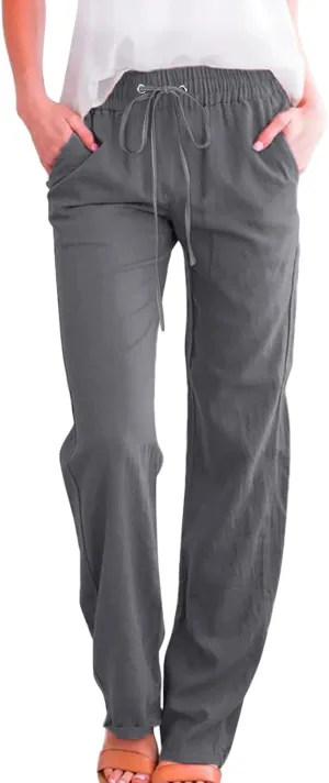 Women's Casual Wide Leg Pants Casual Straight Leg Casual Elastic High Waist Pants Breathable Trousers with Pockets
