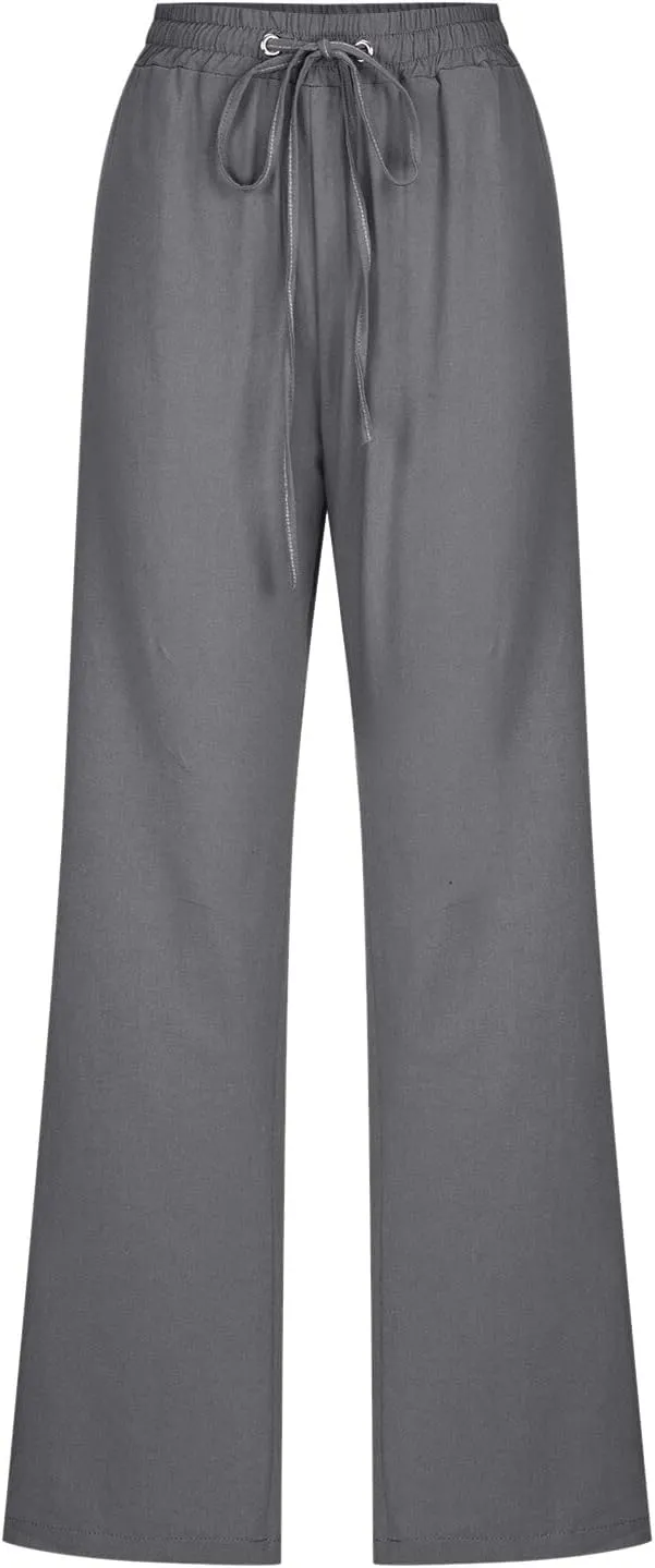 Women's Casual Wide Leg Pants Casual Straight Leg Casual Elastic High Waist Pants Breathable Trousers with Pockets