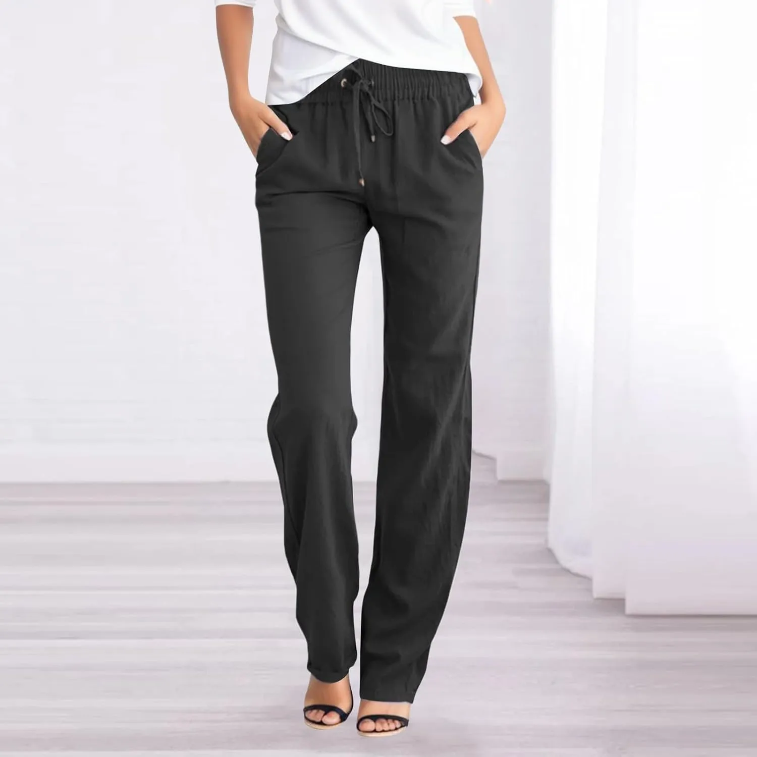 Women's Casual Wide Leg Pants Casual Straight Leg Casual Elastic High Waist Pants Breathable Trousers with Pockets