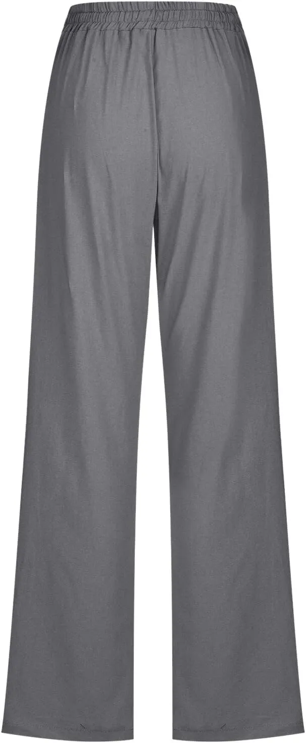 Women's Casual Wide Leg Pants Casual Straight Leg Casual Elastic High Waist Pants Breathable Trousers with Pockets