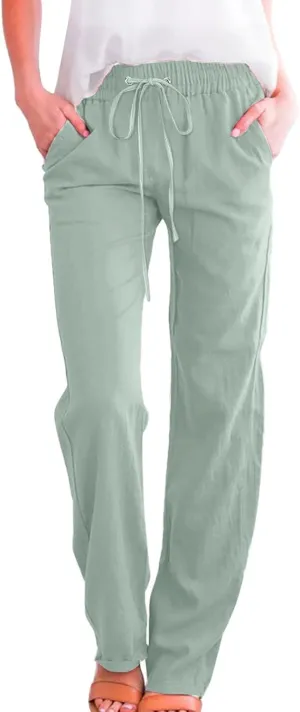 Women's Casual Wide Leg Pants Casual Straight Leg Casual Elastic High Waist Pants Breathable Trousers with Pockets