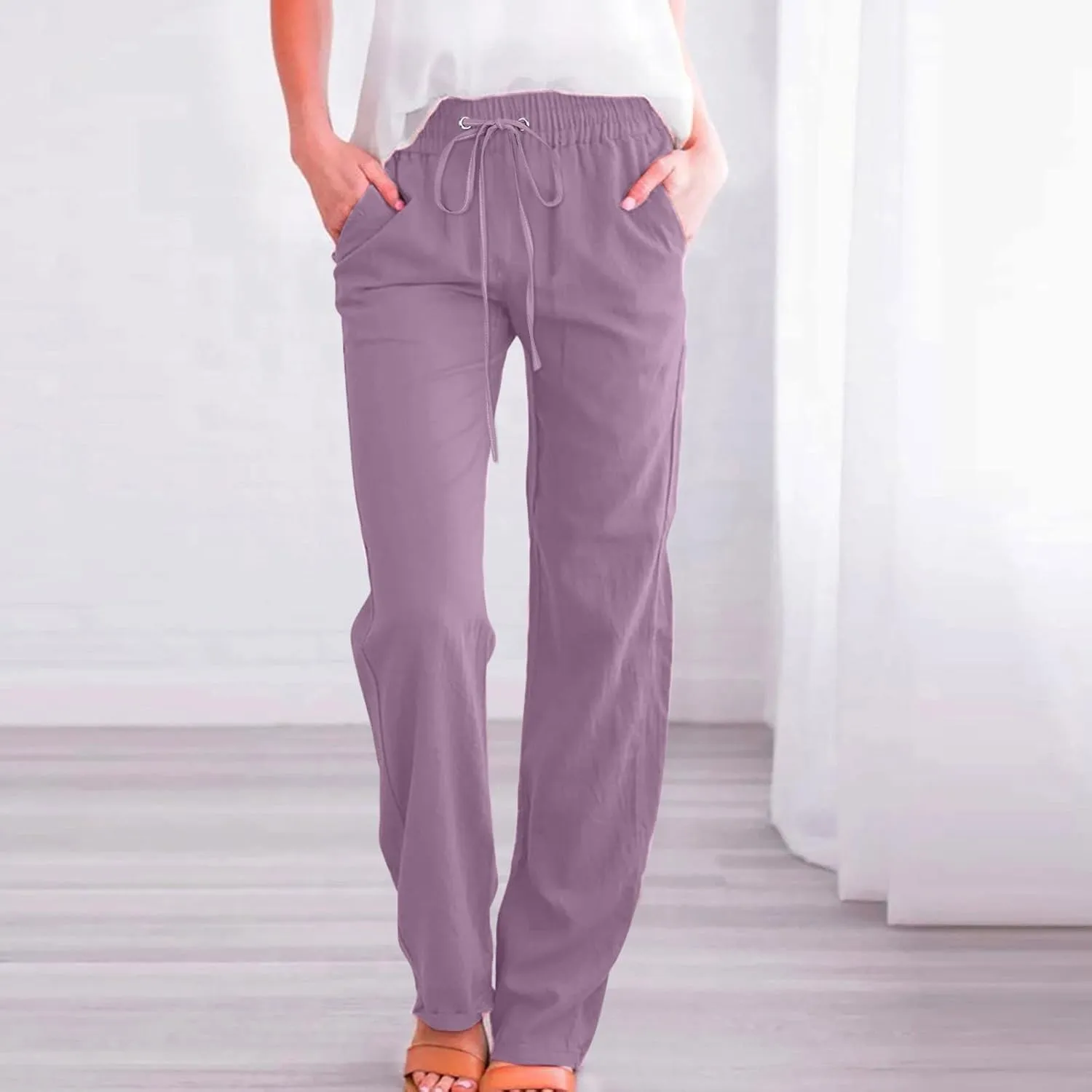 Women's Casual Wide Leg Pants Casual Straight Leg Casual Elastic High Waist Pants Breathable Trousers with Pockets