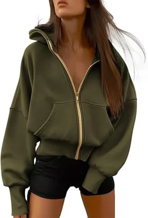 Womens Cropped Hooded Jacket Zipper Pocket Long Sleeve Hoodies Fall Winter Fashion Outdoor Outing Street Style Coat