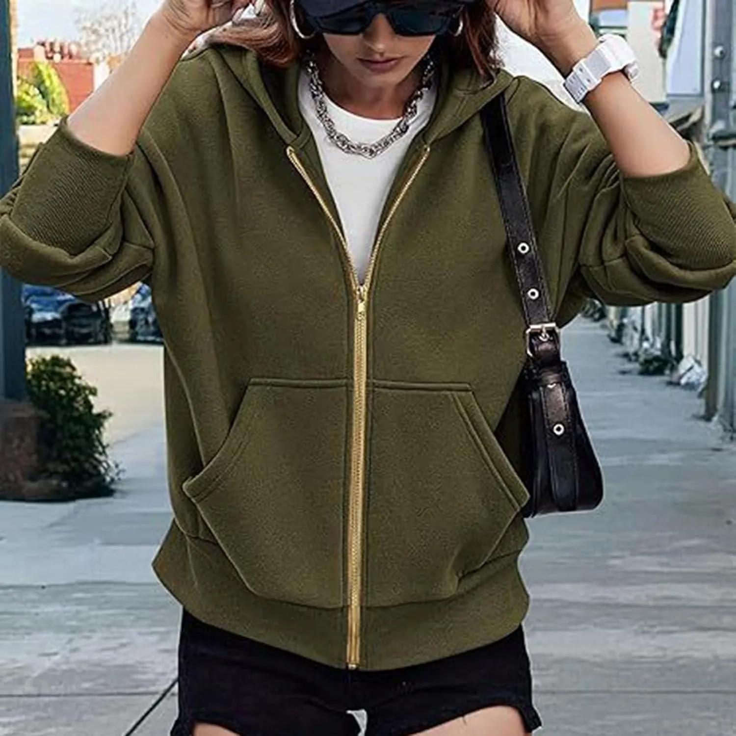 Womens Cropped Hooded Jacket Zipper Pocket Long Sleeve Hoodies Fall Winter Fashion Outdoor Outing Street Style Coat