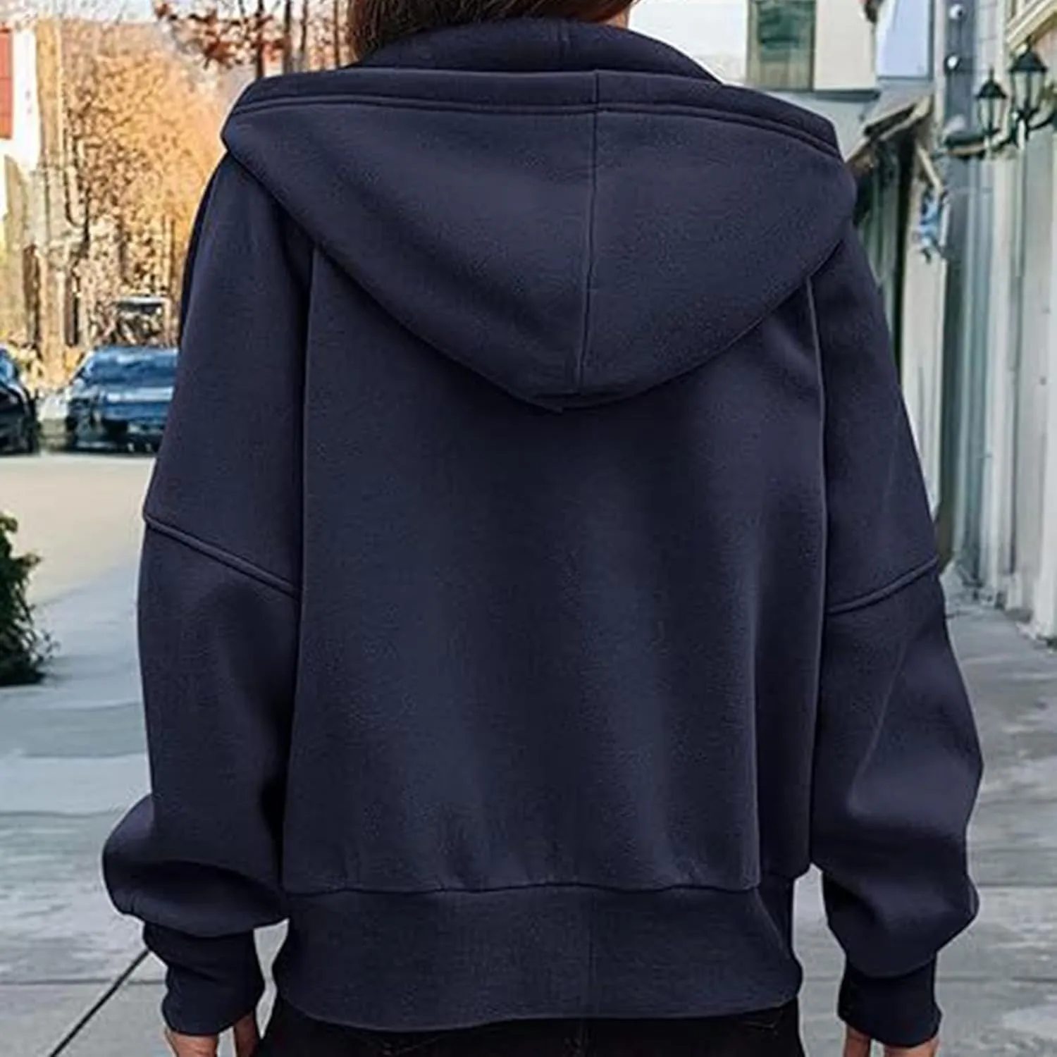 Womens Cropped Hooded Jacket Zipper Pocket Long Sleeve Hoodies Fall Winter Fashion Outdoor Outing Street Style Coat