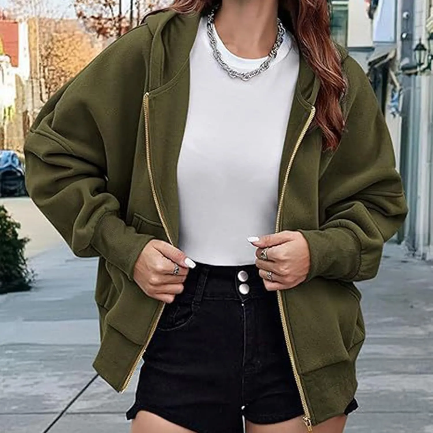 Womens Cropped Hooded Jacket Zipper Pocket Long Sleeve Hoodies Fall Winter Fashion Outdoor Outing Street Style Coat