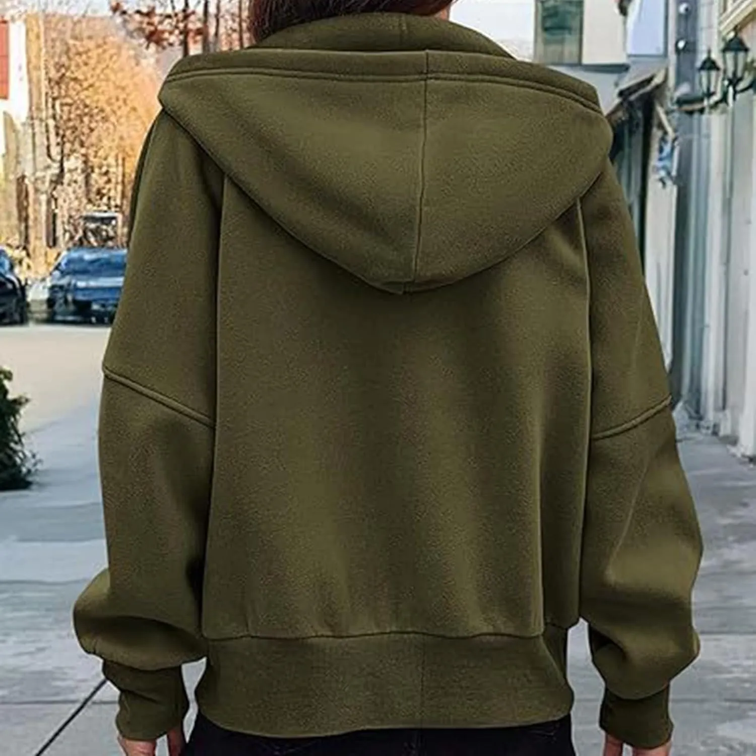 Womens Cropped Hooded Jacket Zipper Pocket Long Sleeve Hoodies Fall Winter Fashion Outdoor Outing Street Style Coat