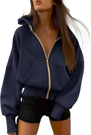 Womens Cropped Hooded Jacket Zipper Pocket Long Sleeve Hoodies Fall Winter Fashion Outdoor Outing Street Style Coat