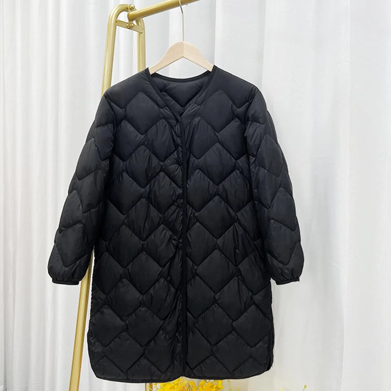 Womens Diamond Quilted Coats Lightweight Down Puffer Jackets Winter Warm Button Up Long Sleeve Thermal Coats