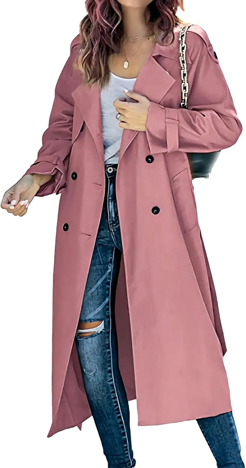 Womens Double Breasted Lapel Solid Color Windbreaker Long Trench Coat Jacket Simple Fashion Pea Coat with Belt