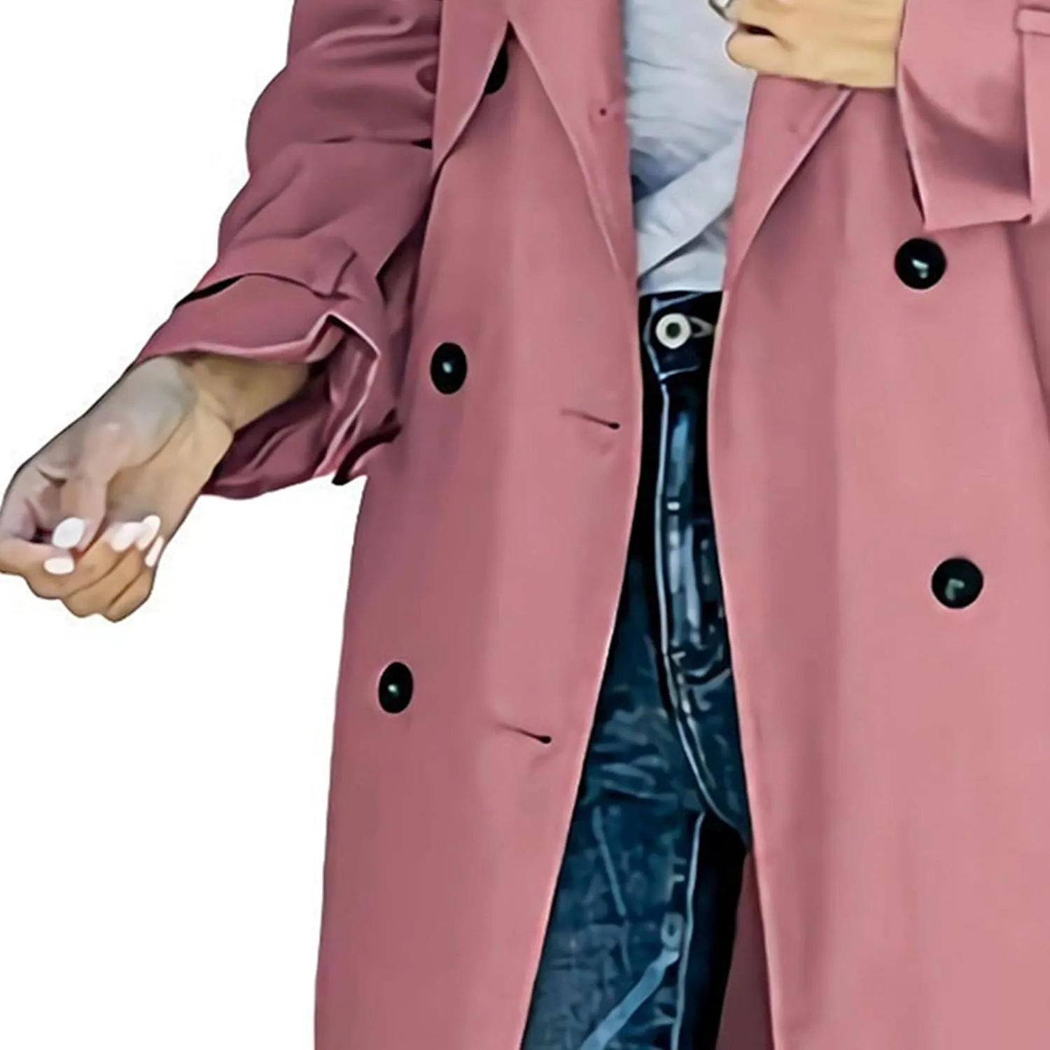 Womens Double Breasted Lapel Solid Color Windbreaker Long Trench Coat Jacket Simple Fashion Pea Coat with Belt