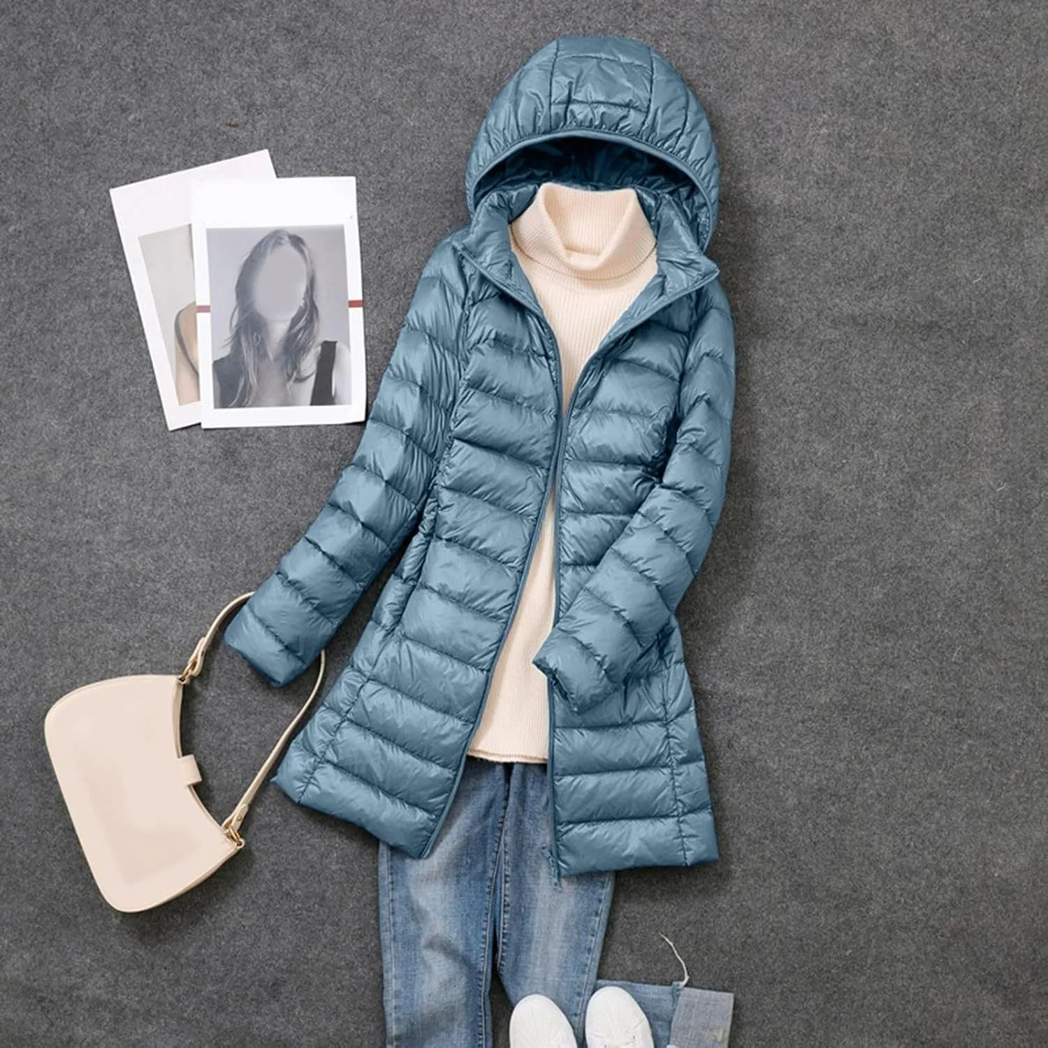 Women's Down Jacket Hooded Windproof Puffer Coat Packable Warm Winter Jacket Lightweight Ladies Parka Zipper Winter Autumn