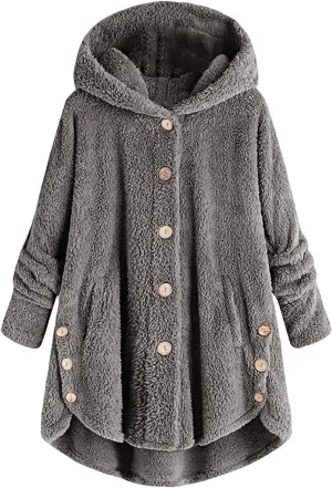 Womens Fleece Jacket with Hood Plus Size Winter Coat 2024 Button Down Faux Fur Sherpa Jacket Warm Outwear with Pocket
