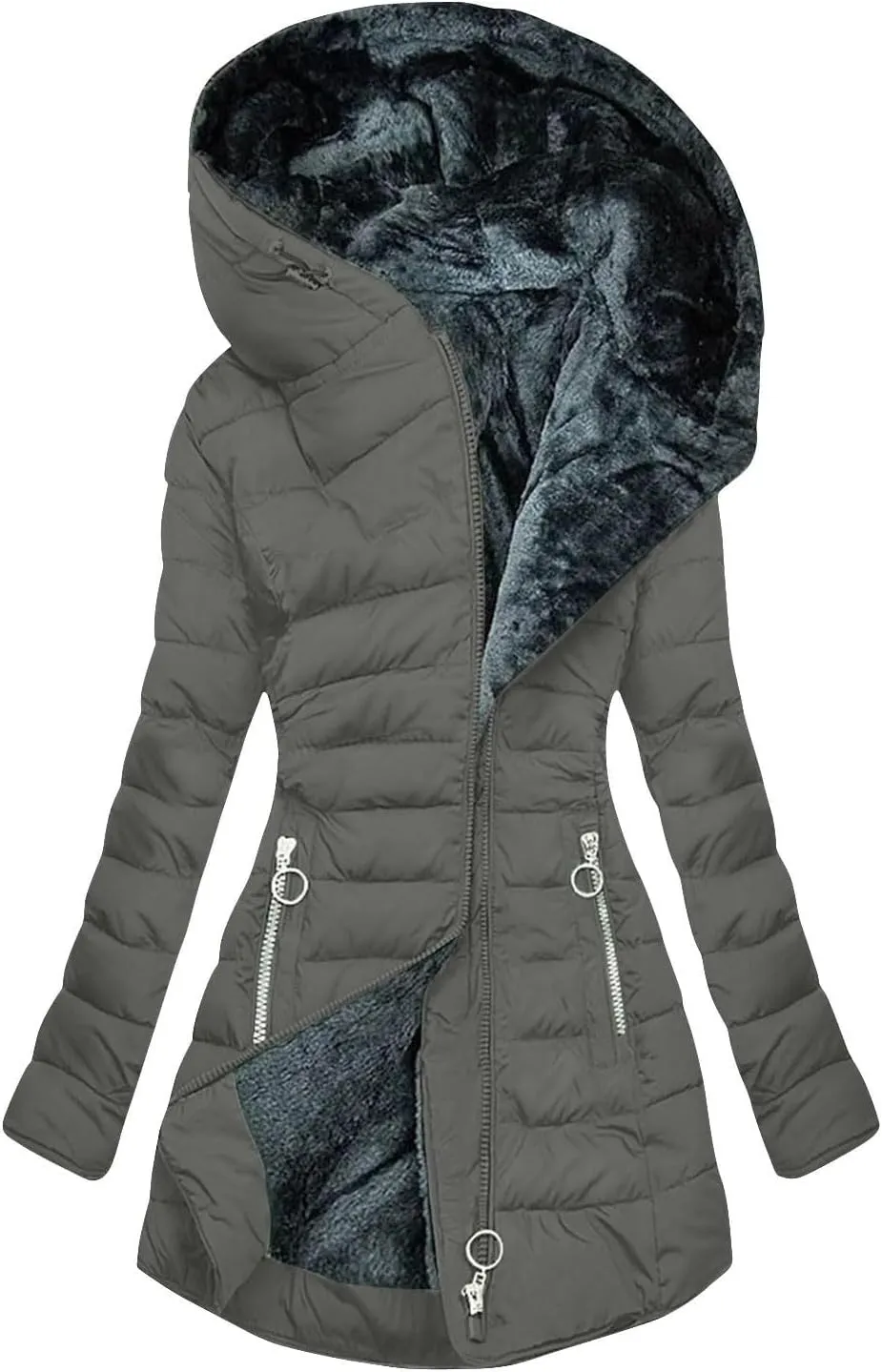 Women's Full Zip Fleece Quilted Jackets Solid Color Fuzzy Sherpa Lined Hooded Cardigans Jacket with Zipper Pockets