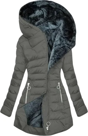 Women's Full Zip Fleece Quilted Jackets Solid Color Fuzzy Sherpa Lined Hooded Cardigans Jacket with Zipper Pockets