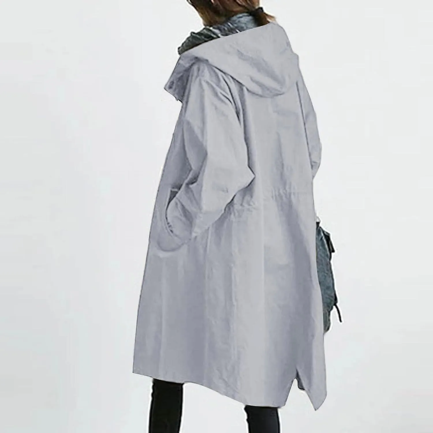 Womens Hooded Trench Coat Winter Lightweight Waterproof Rain Jacket Outdoor Button Down Oversized Windbreaker Outwear