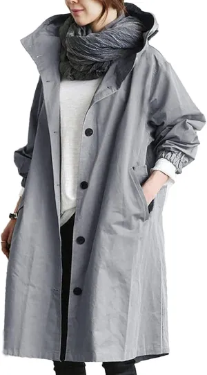Womens Hooded Trench Coat Winter Lightweight Waterproof Rain Jacket Outdoor Button Down Oversized Windbreaker Outwear