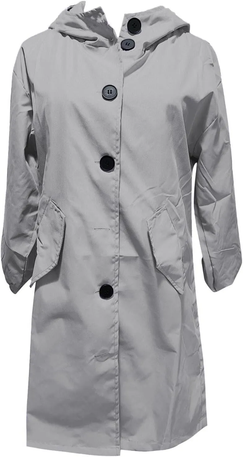 Womens Hooded Trench Coat Winter Lightweight Waterproof Rain Jacket Outdoor Button Down Oversized Windbreaker Outwear