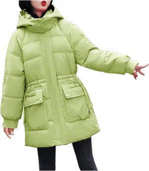 Women's Hooded Warm Winter Cotton Padded Down Coat Quilted Thicken Puffer Jacket Drawstring Elastic Waist Parka Outwear