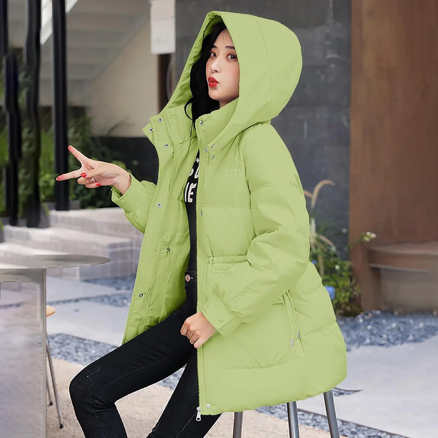Women's Hooded Warm Winter Cotton Padded Down Coat Quilted Thicken Puffer Jacket Drawstring Elastic Waist Parka Outwear