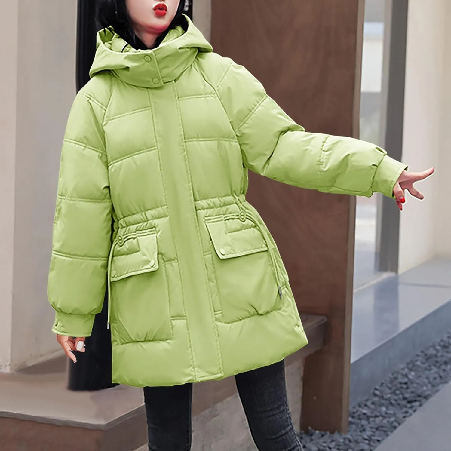 Women's Hooded Warm Winter Cotton Padded Down Coat Quilted Thicken Puffer Jacket Drawstring Elastic Waist Parka Outwear