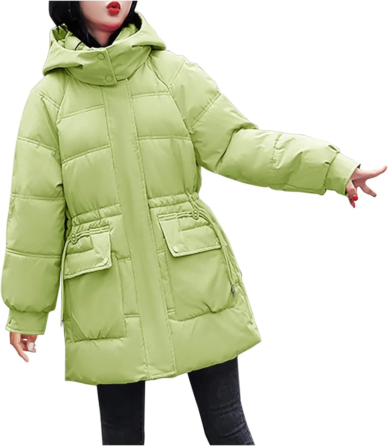 Women's Hooded Warm Winter Cotton Padded Down Coat Quilted Thicken Puffer Jacket Drawstring Elastic Waist Parka Outwear