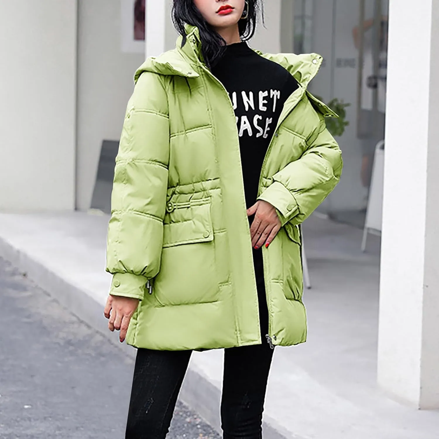 Women's Hooded Warm Winter Cotton Padded Down Coat Quilted Thicken Puffer Jacket Drawstring Elastic Waist Parka Outwear