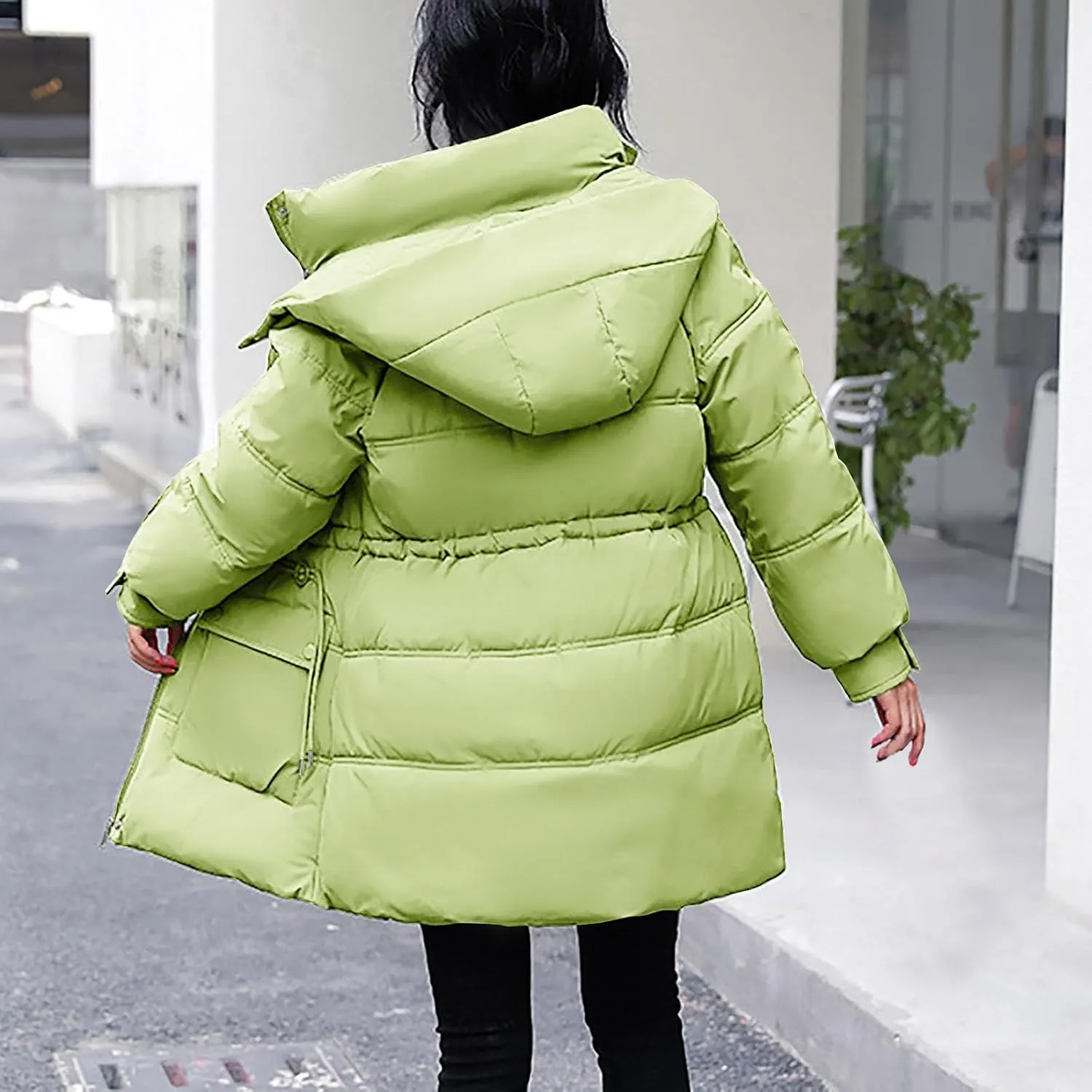 Women's Hooded Warm Winter Cotton Padded Down Coat Quilted Thicken Puffer Jacket Drawstring Elastic Waist Parka Outwear