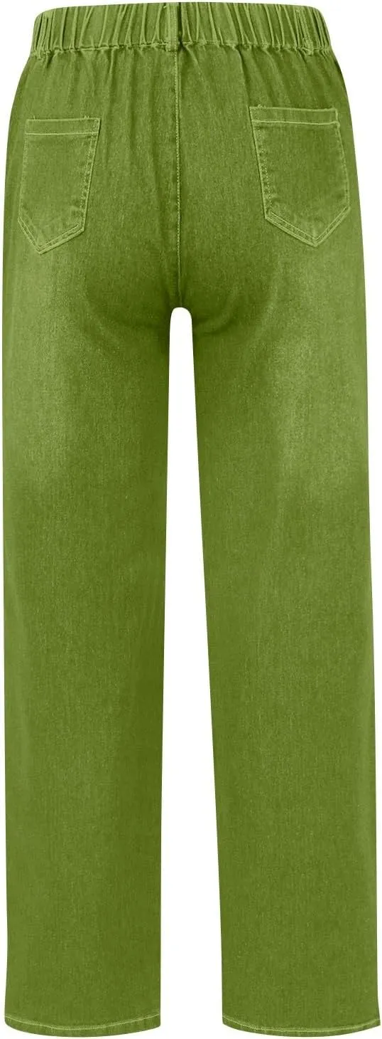 Womens Jeans Trendy Fall 2024 Casual Stretch Relaxed-fit Denim Pants Drawstring High Waisted Jeans with Pockets