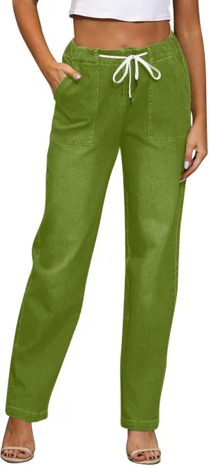 Womens Jeans Trendy Fall 2024 Casual Stretch Relaxed-fit Denim Pants Drawstring High Waisted Jeans with Pockets