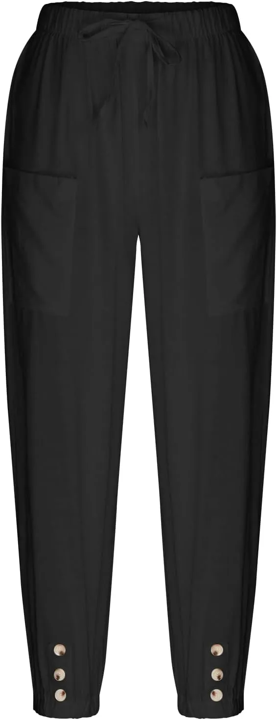 Women's Linen Pants Casual Elastic Waist Relaxed Fit Straight Leg Capri Pants Cropped Beach Trousers with Pockets