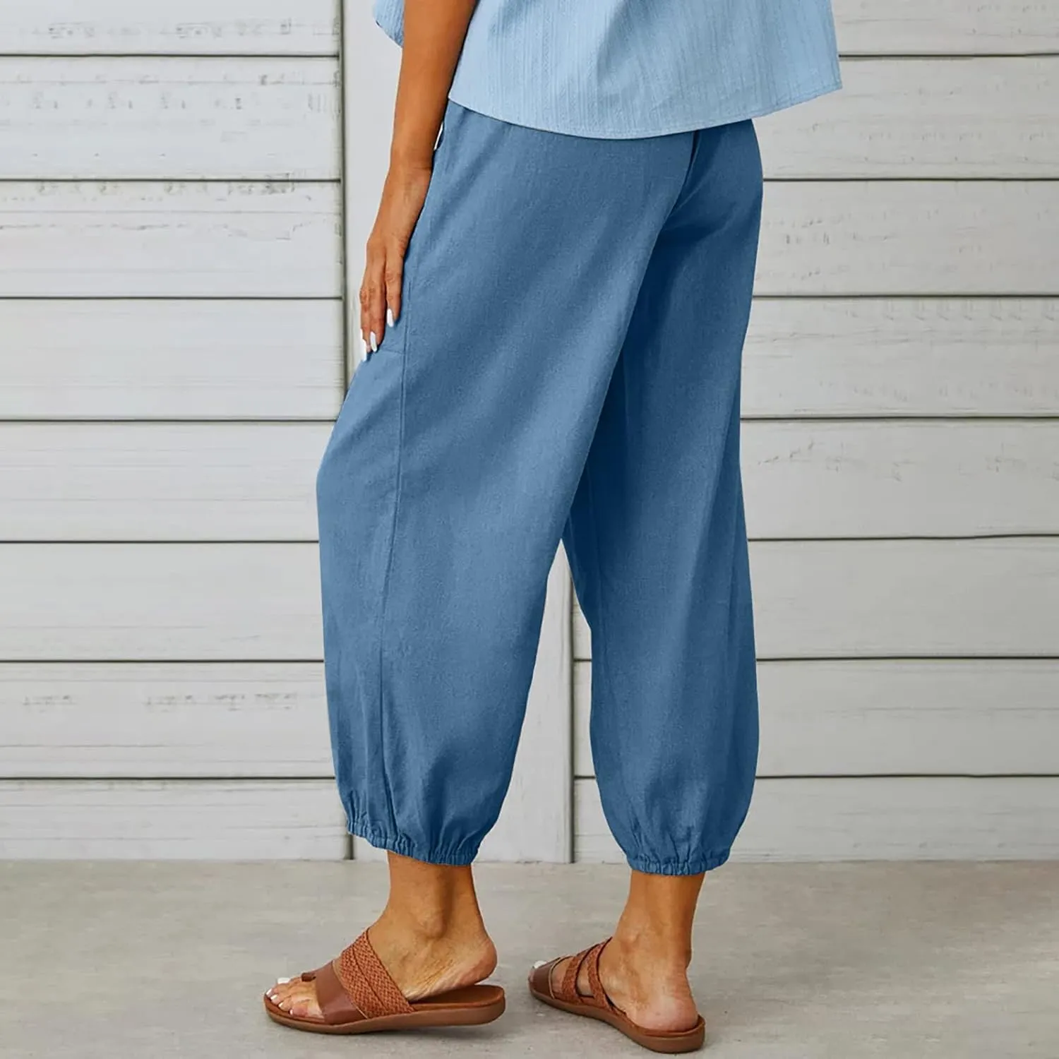 Women's Linen Pants Casual Elastic Waist Relaxed Fit Straight Leg Capri Pants Cropped Beach Trousers with Pockets